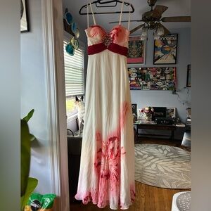 White and Red Ombré Floral Prom Bridesmaid Dress